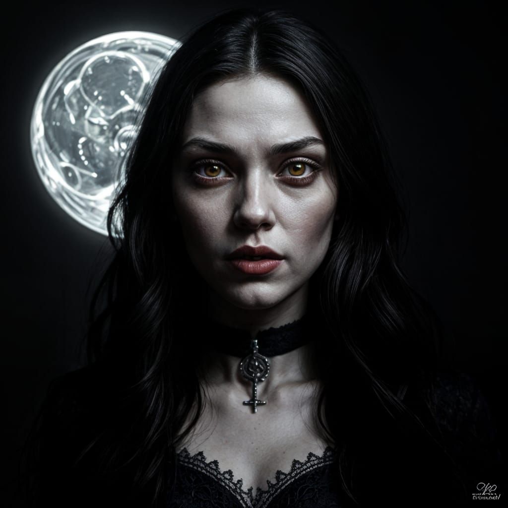Gothic Vampire Woman Portrait with Silver Moon