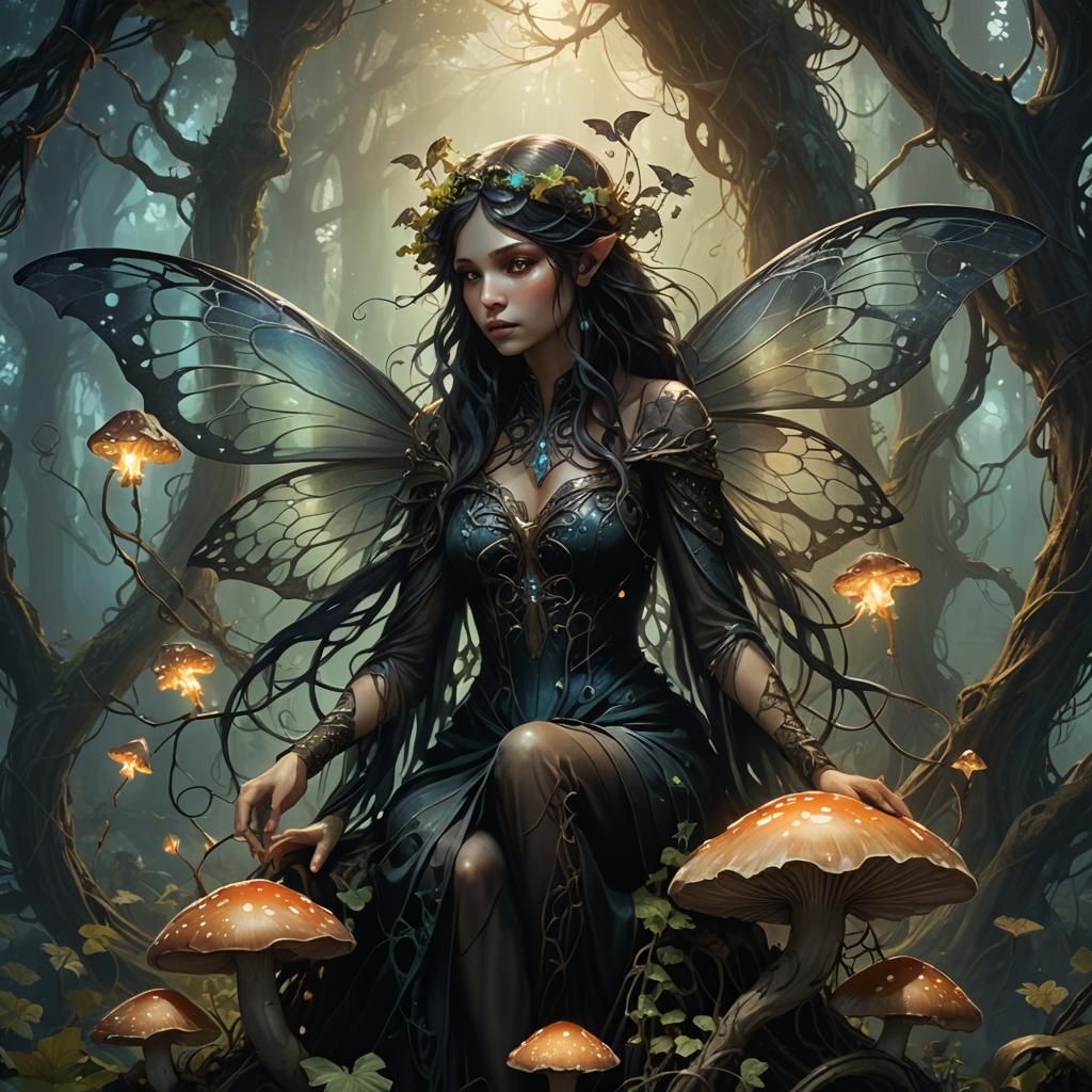 Dark Fairy on Mushroom in Mystical Forest