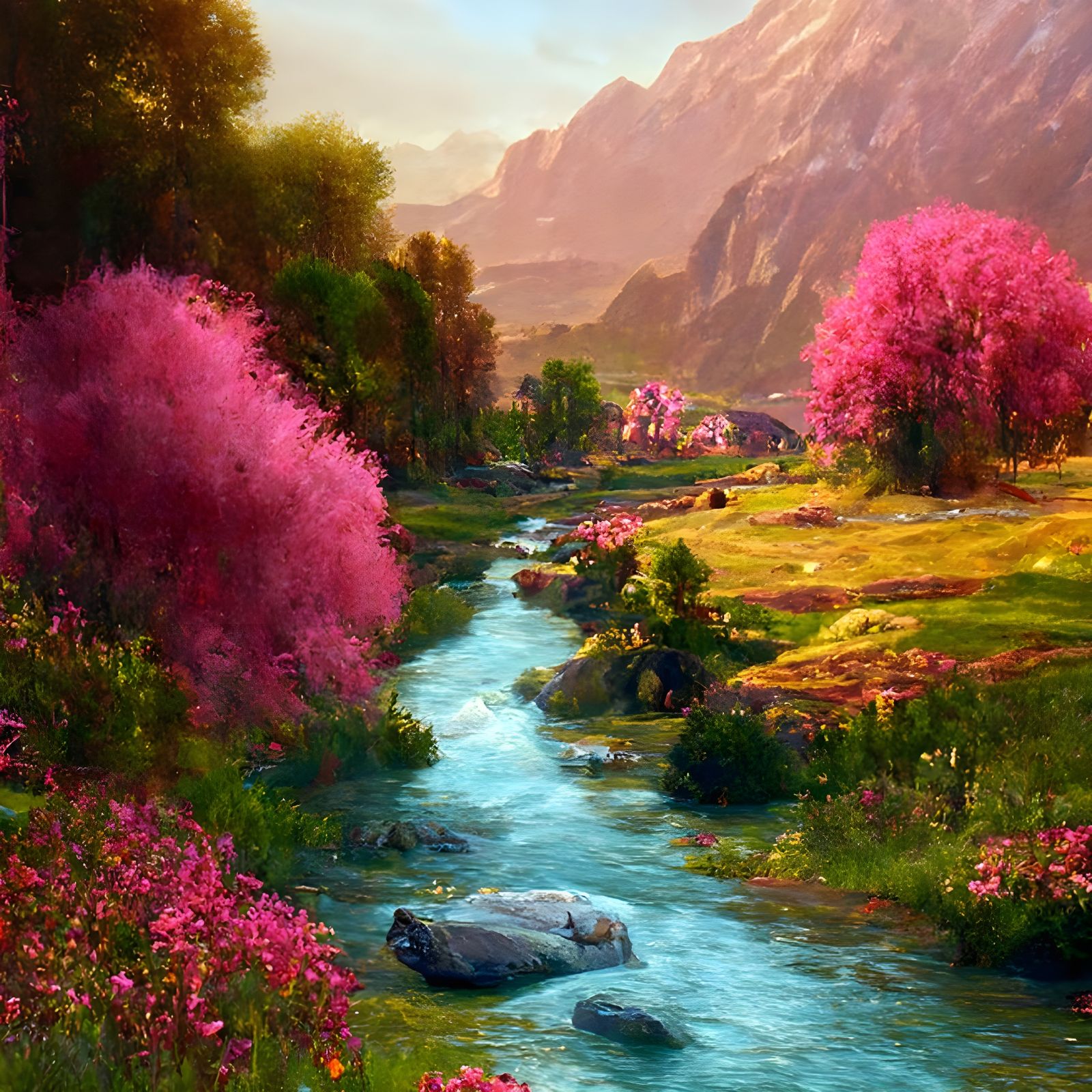 Lush Valley with River in Hyperrealistic Style