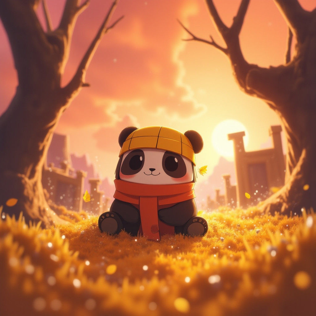 Cartoon Panda's Autumn Sunset Adventure