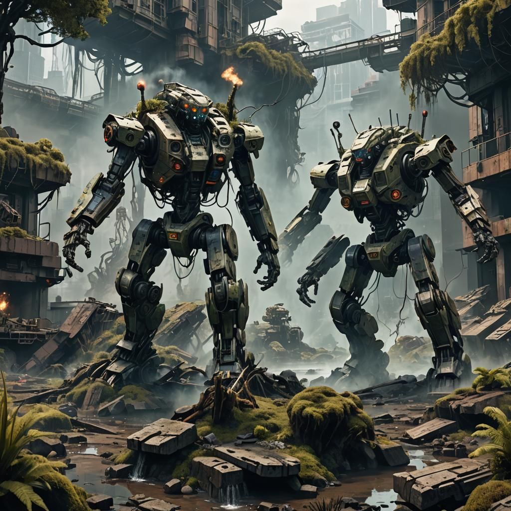 Cyberpunk Mech Battle: Nature vs. Industry