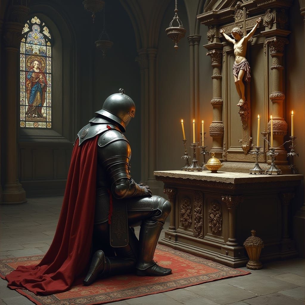 A Knight in Devout Prayer at a Gothic Altar