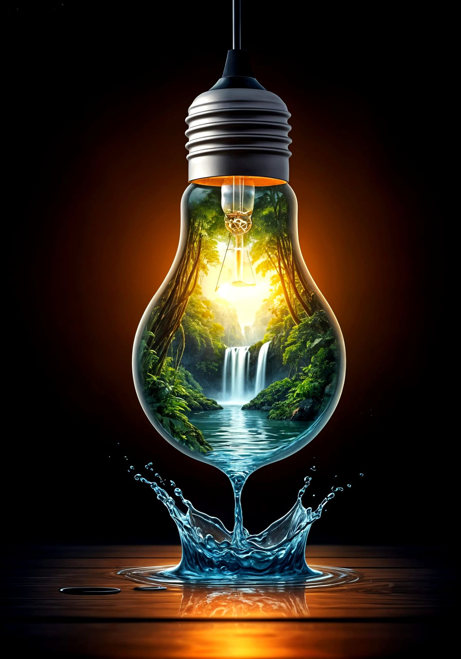 Surreal Tropical Waterfall Inside Golden Lightbulb