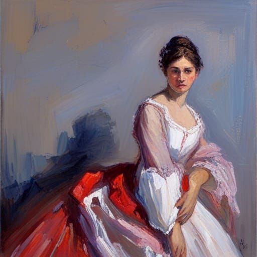 Woman in Crinoline Dress as Oil Painting