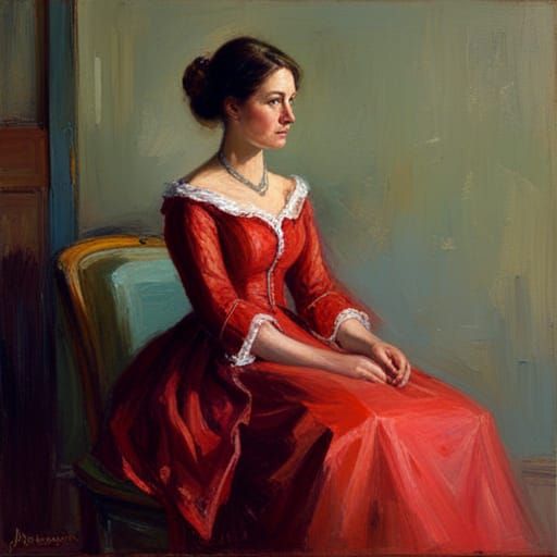 Woman in Red Crinoline Dress: Oil Painting