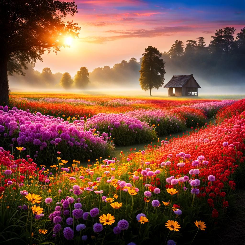 Dreamscape Flower Field Under Morning Light