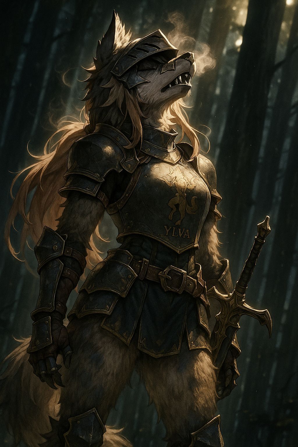 Fantasy Wolf Knight in Forest, Anime Style