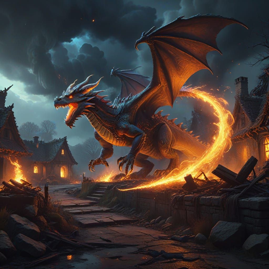 Wizard and Dragon Battle in Ominous Village