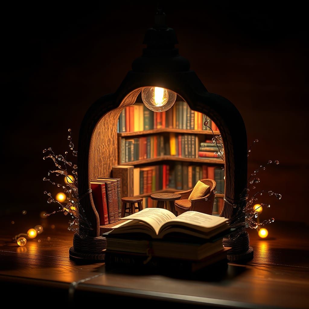 Hyperrealistic Book Nook Lamp with Glowing Highlights