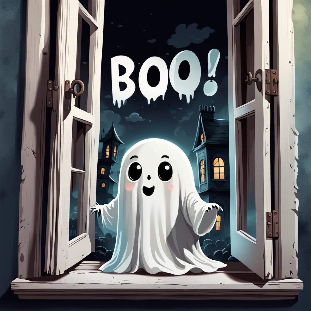 Cute Ghost Peeks Out Window with Speech Bubble