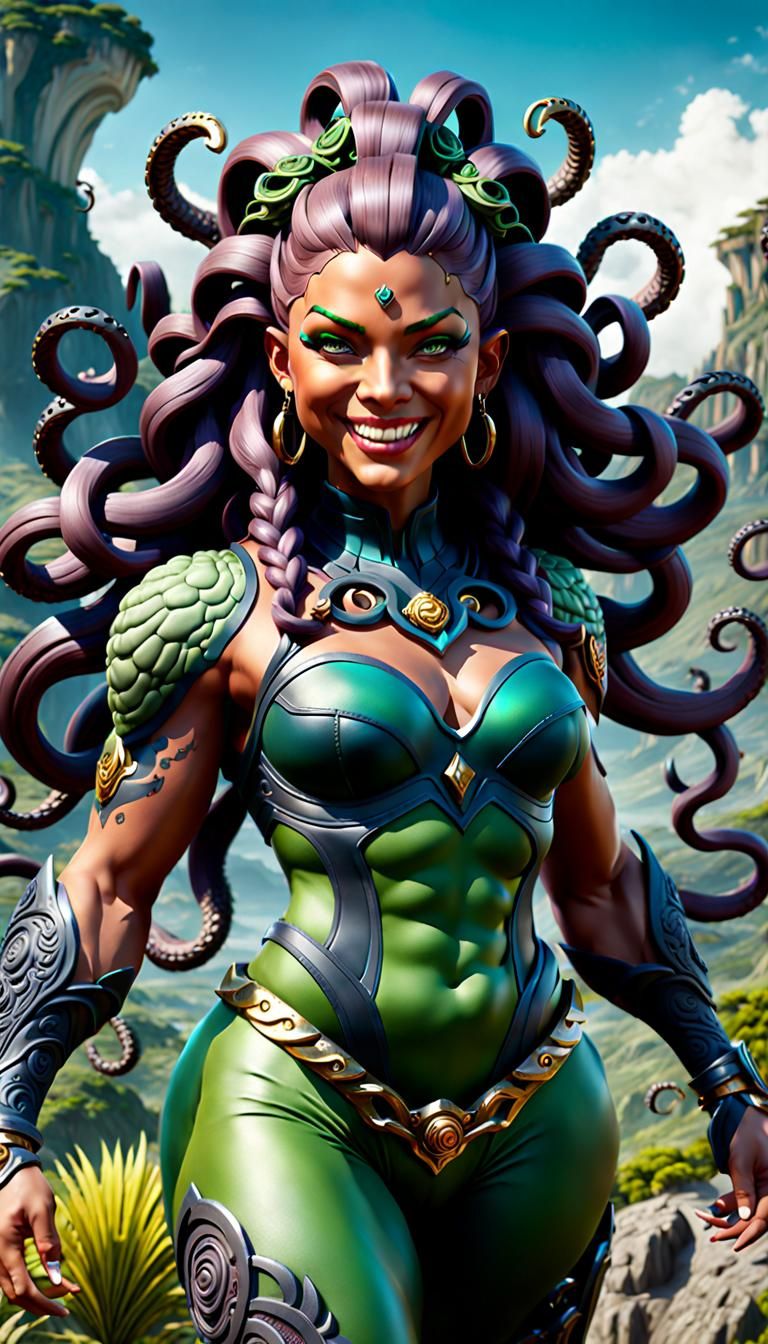 Smiling Muscular Medusa Ready for Battle