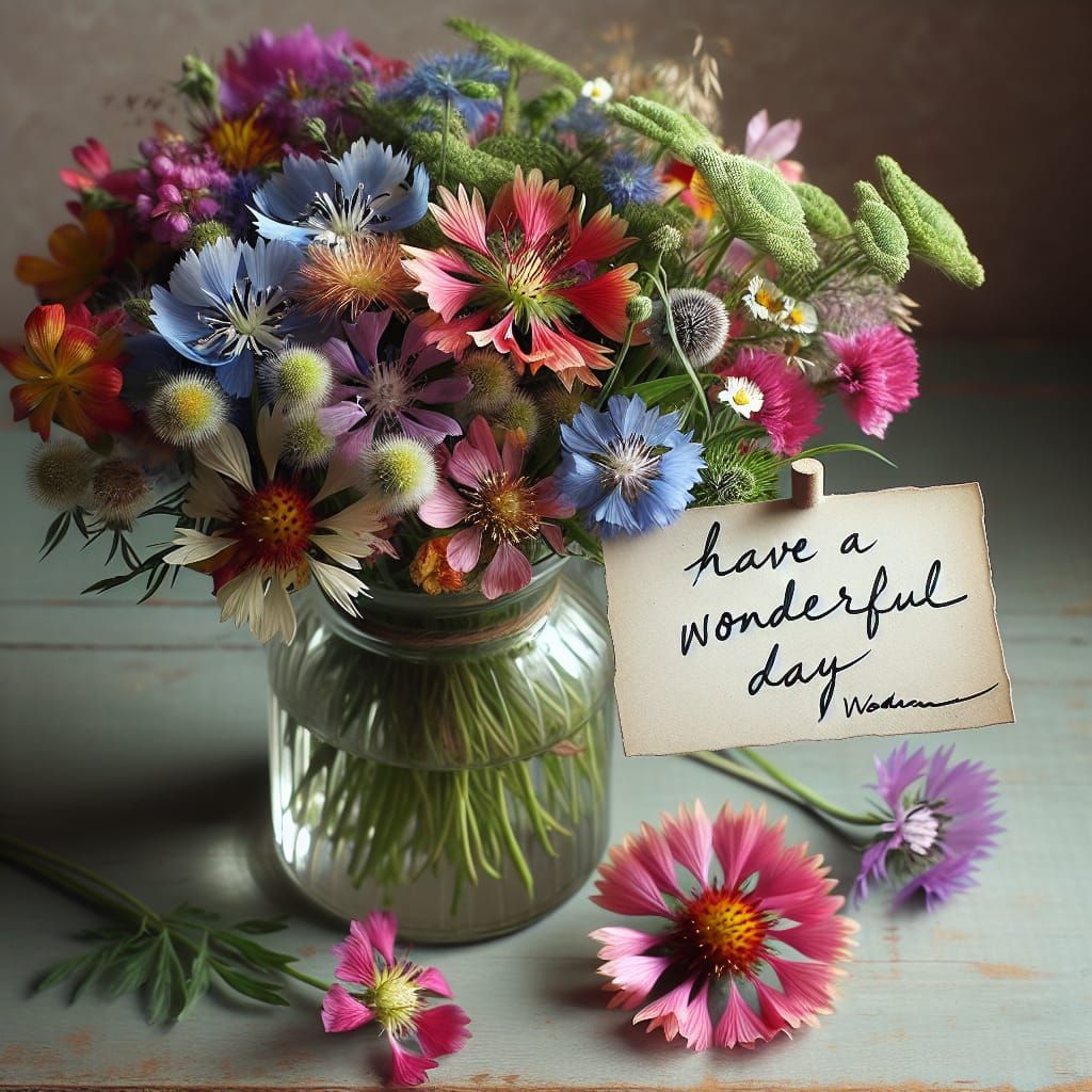 Wildflowers in Vase with Cheerful Note