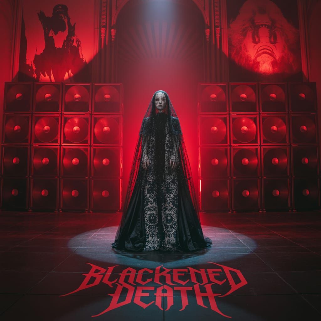 Shrouded Figure on Gothic Stage in Crimson Light