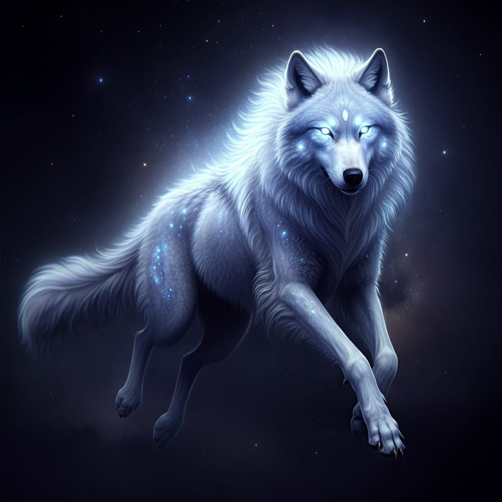 Ethereal Silver Wolf Soars Under Starry Night Sky