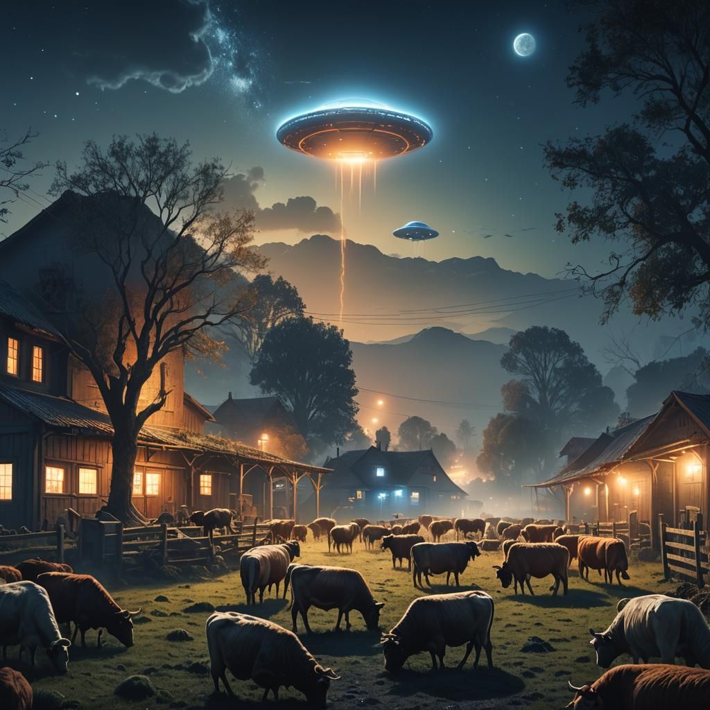 Aliens Stealing Farm Animals: Matte Painting in Moonlight