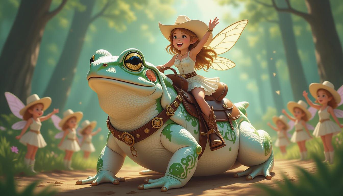 Fairy Cowgirl Rides Giant Frog in Forest