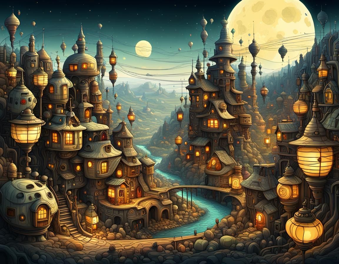 Peaceful Village in Valley, Abstract Art Style