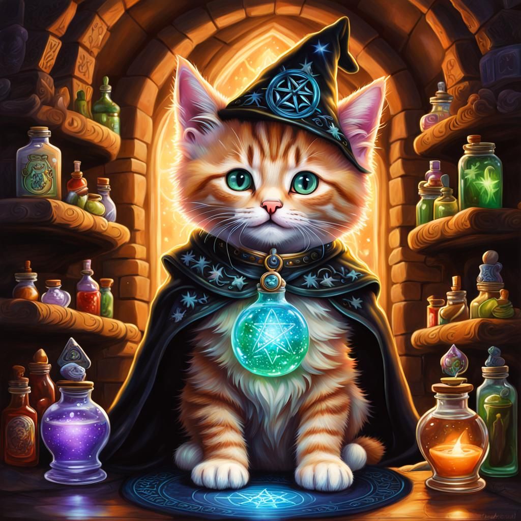 Ginger Kitten Wizard in Dungeon Airbrush Painting