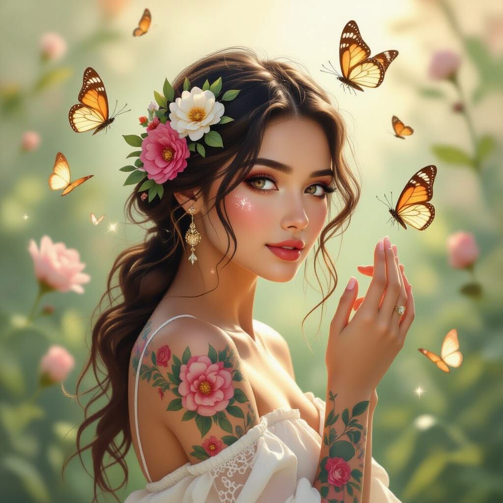 Floral Tattoo Portrait with Butterflies in Art Nouveau Style