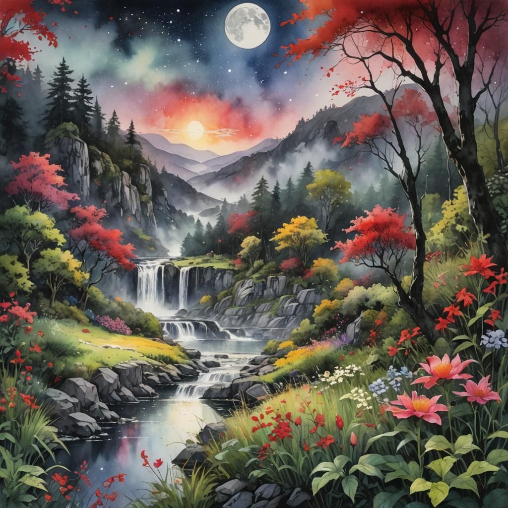 Lush Summerscape with Waterfalls in Watercolor Style