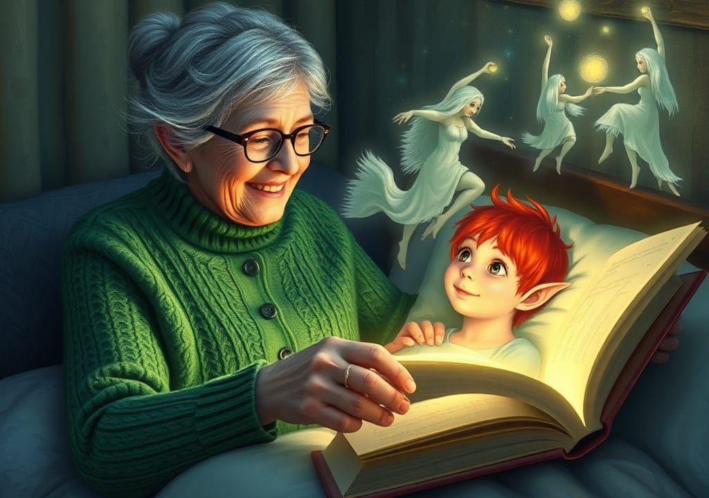 Irish Grandmother Reading to Elf Child, Fantasy Illustration