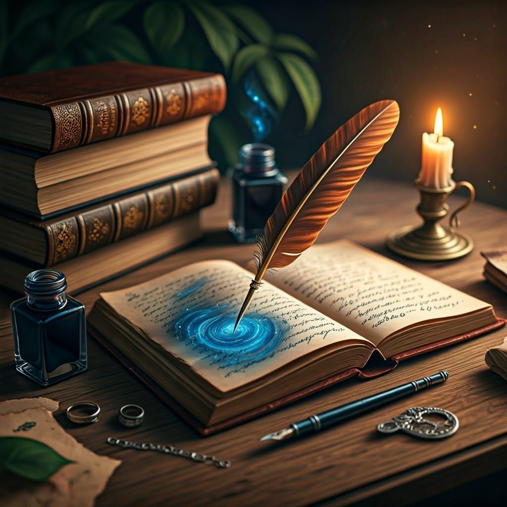 Ancient Tome Illuminated by Celestial Script in a Cozy Study