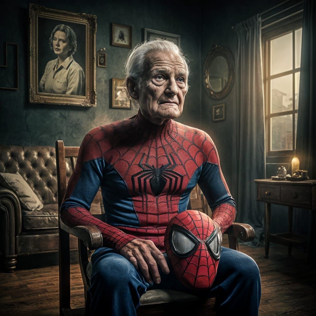 Elderly Superhero Reflecting, High Resolution Image