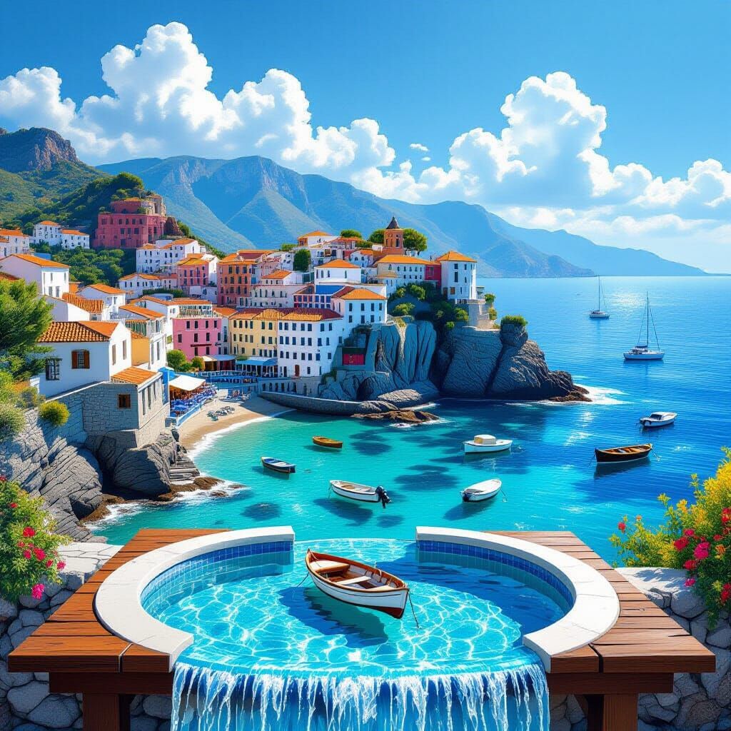 Surreal Mediterranean Village Painting Flows Onto Tabletop