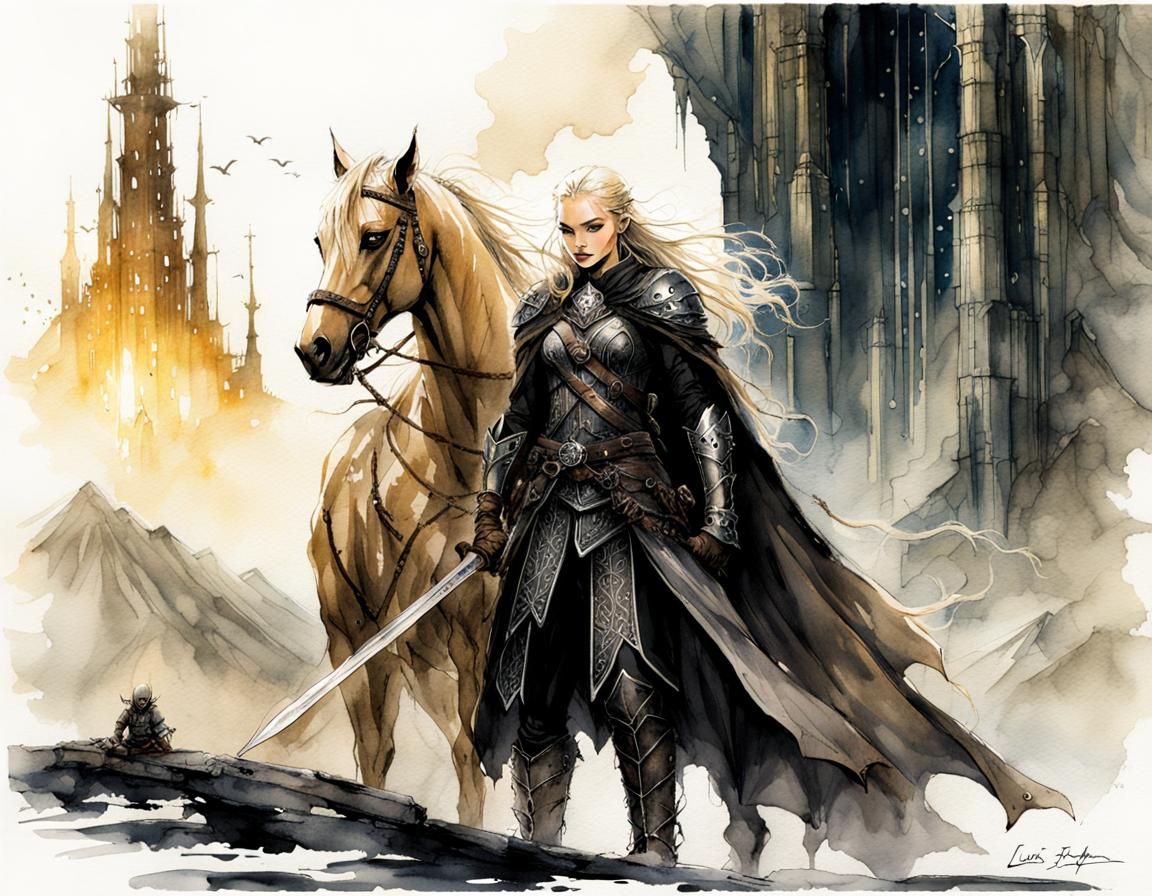 Cat Riding Eowyn at Isengard: Watercolor Art