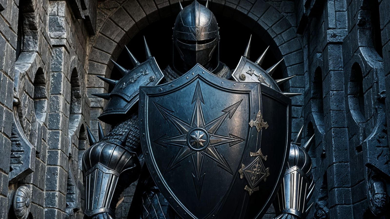 Medieval Knight in Black Armour with Pleiades Shield