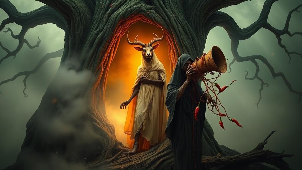 Mystical Woman with Antelope Mask in Surreal Landscape