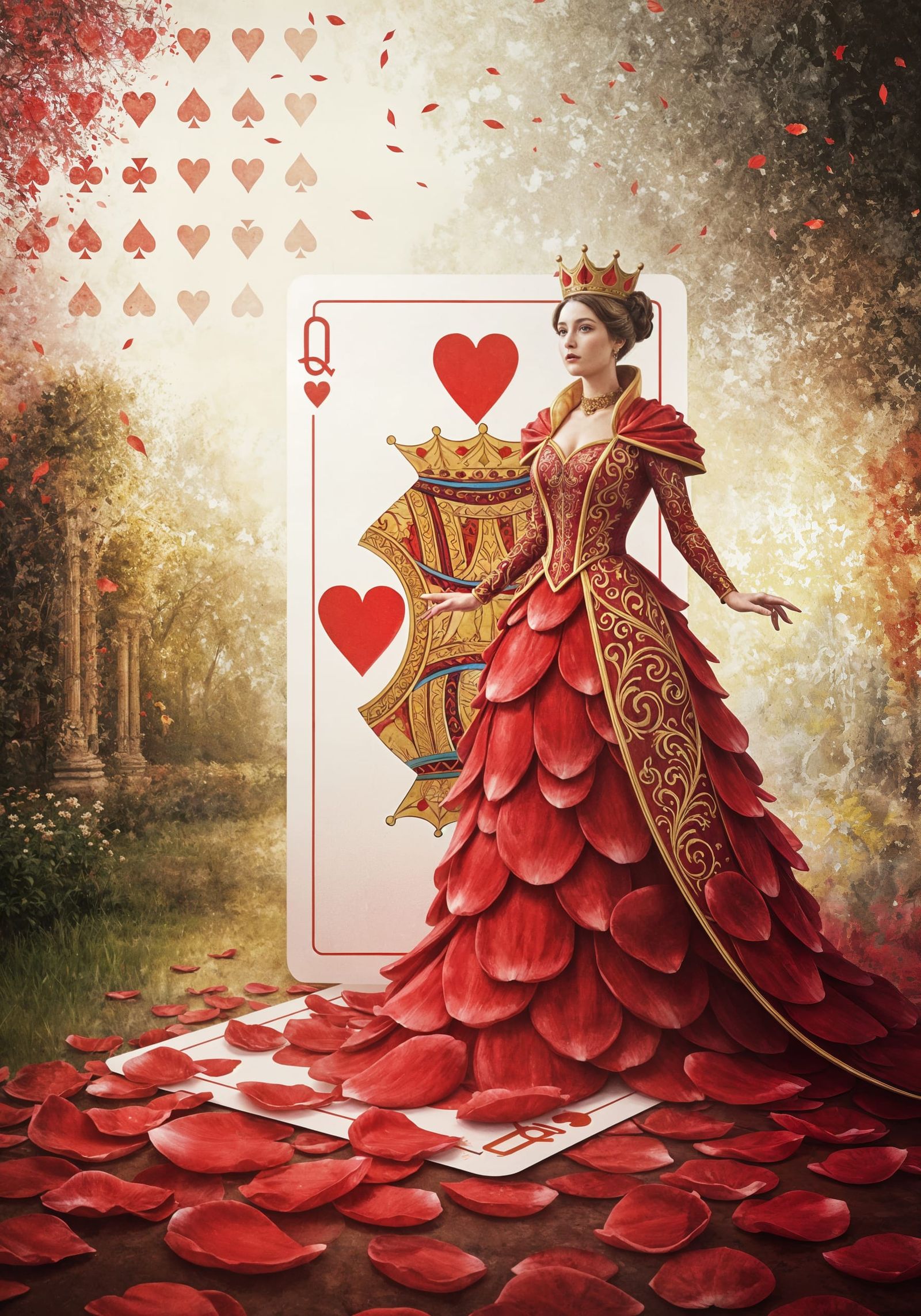 Queen of Hearts Emerges in Dreamlike Garden