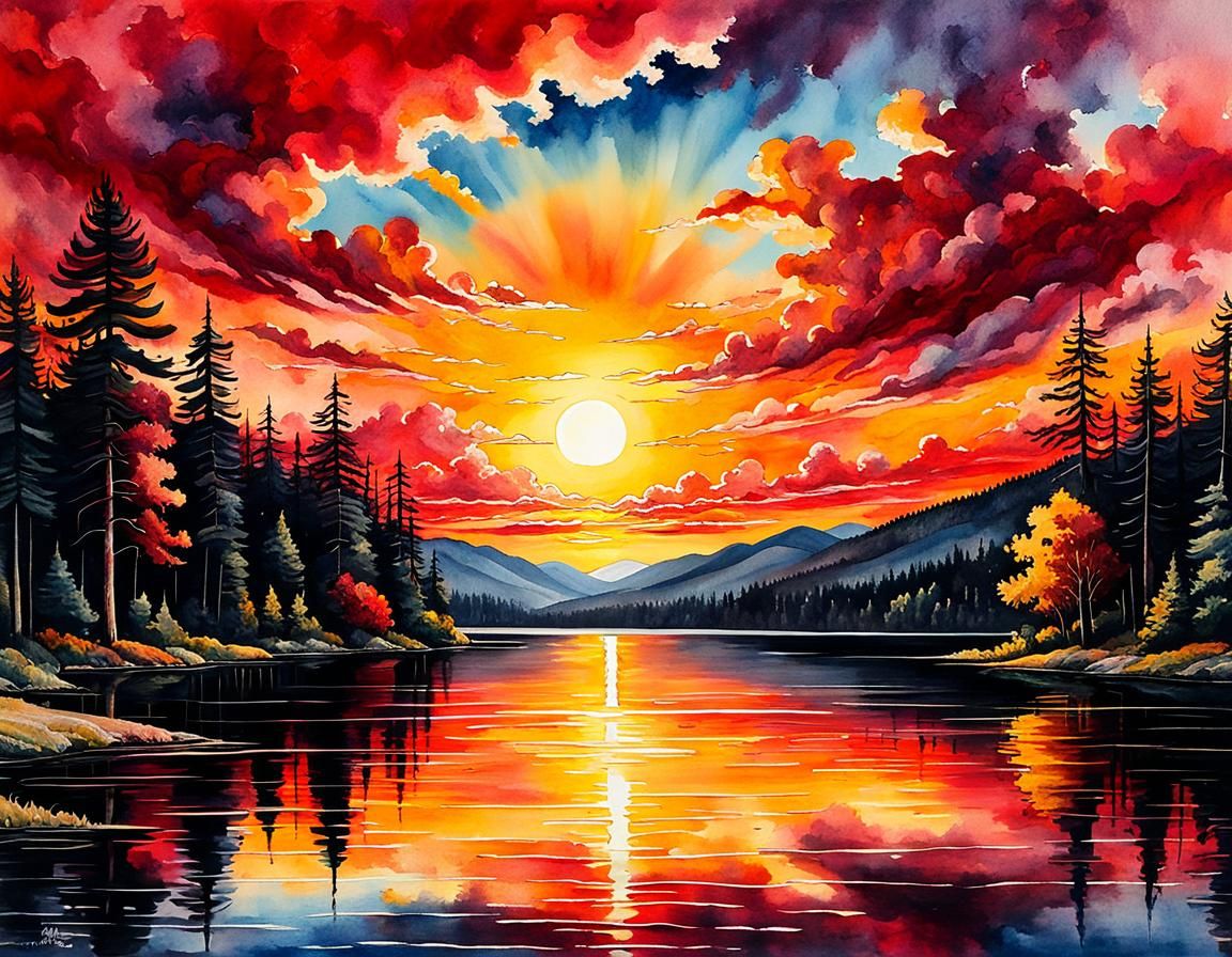 Lake Sunset Painting in Oil, Watercolor, and Ink