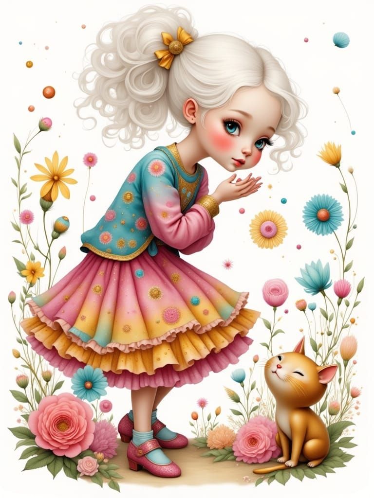 Whimsical Fantasy Scene with Girl and Cat
