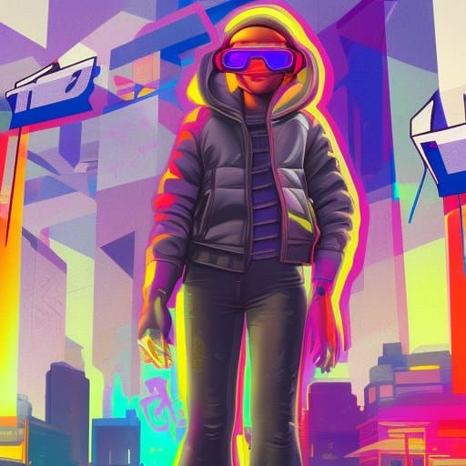 Teenager in Cyberpunk City, Graffiti Splash Art