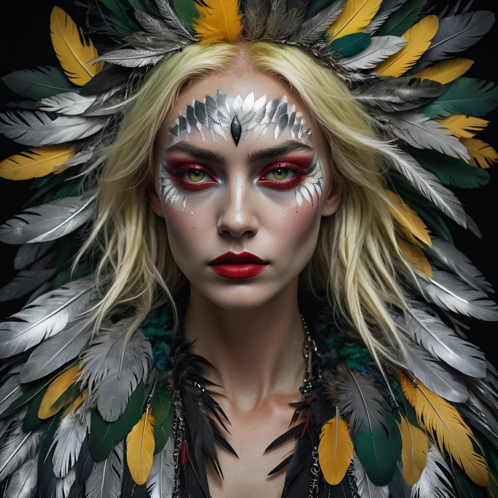 Silver Woman with Feathers, Hyper-realistic Portrait