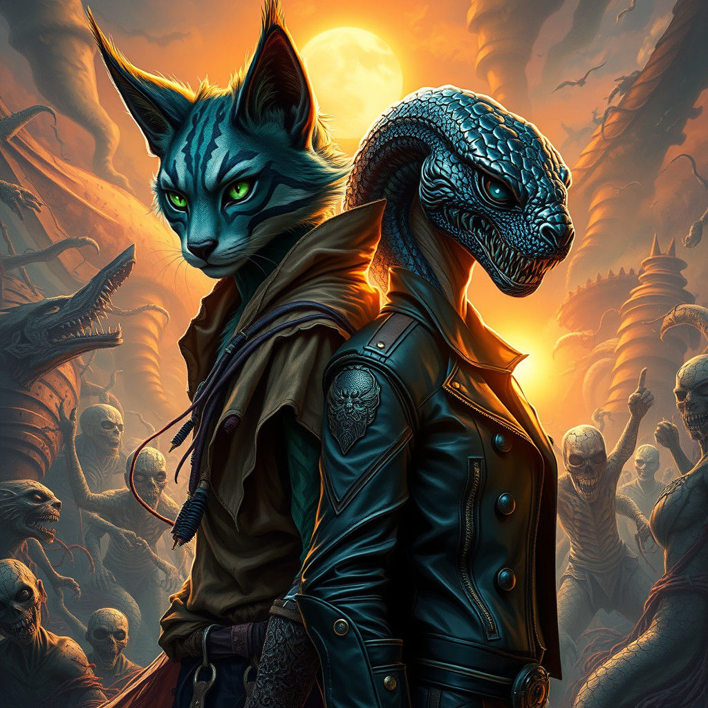 Feline Warrior and Serpent Ally in Post-Apocalyptic World