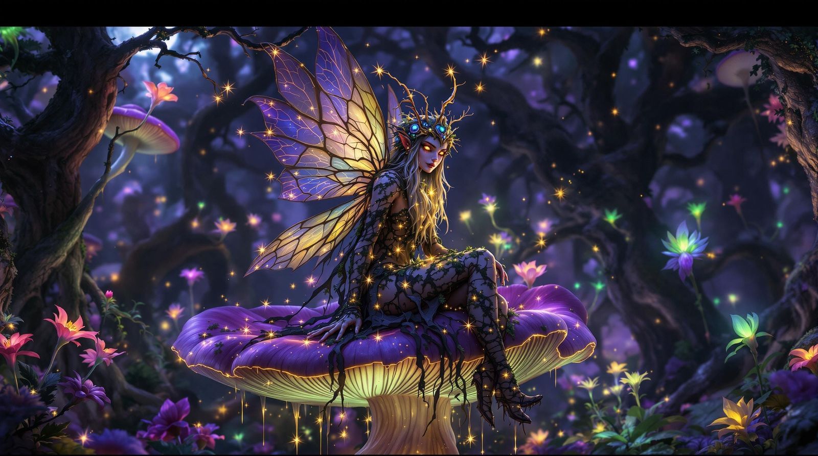 Whimsical Fairy Amidst Twilight Mushrooms
