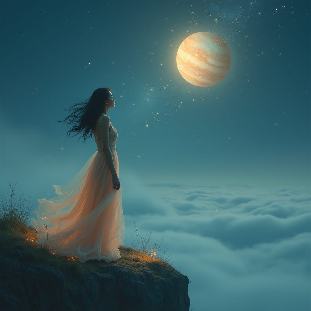 Celestial Woman Gazing at Jupiter's Stardust