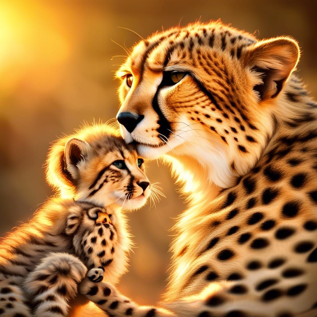 Cheetah Kitten and Mother in Golden Light