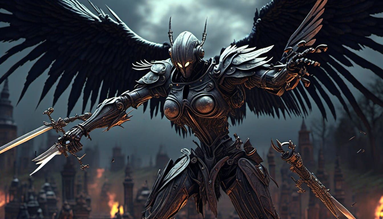 Robot Assassin Angel Attacks: 3D Shaded Dark Fantasy