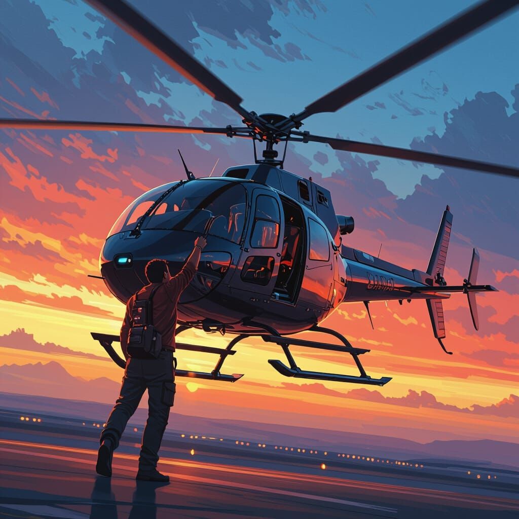 Man Grabbing Helicopter in Syd Mead Style