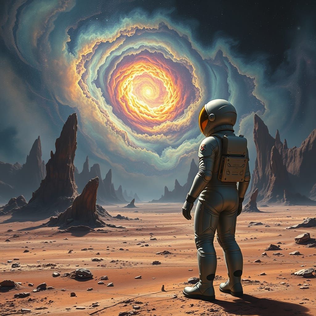 Astronaut Contemplates a Colossal Nebula on Alien Planet