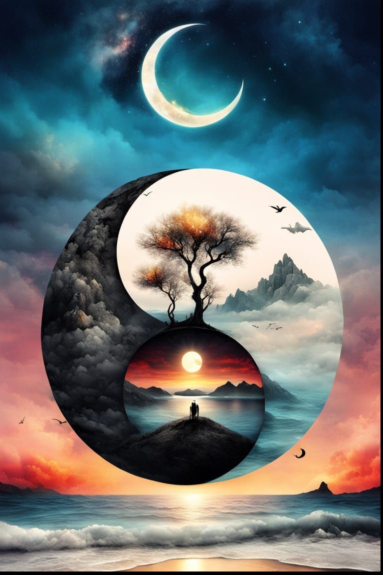 Surreal Yin Yang Sun and Moon Beach Sunset