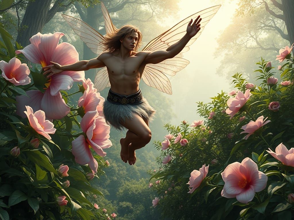 Muscular Fairy Soars through Vibrant Forest Clearing