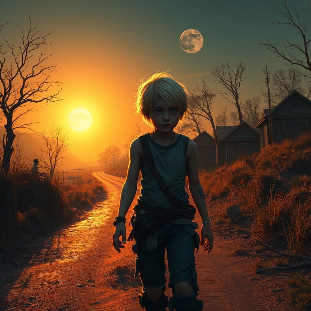 Zombie Kid Walks at Sunset: Fantasy Concept Art