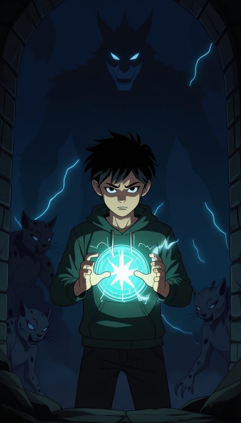 Teen Boy Activating Powers in Shadowy Dungeon, Manhwa Style
