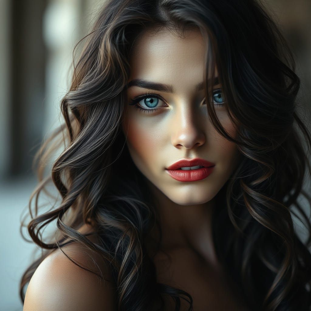 Brunette Beauty with Blue Eyes: Photorealistic Portrait