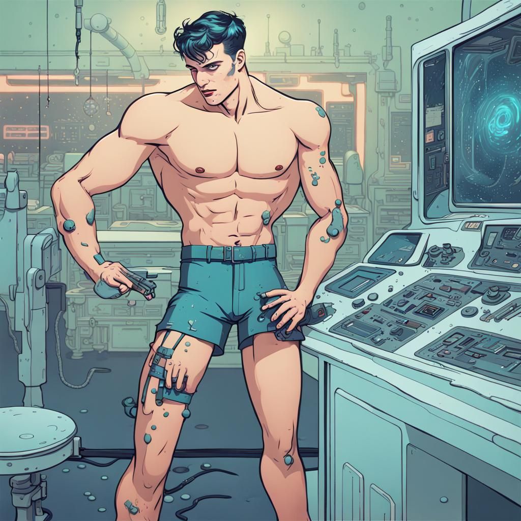 1950s Android Repairing Himself in Futuristic Lab