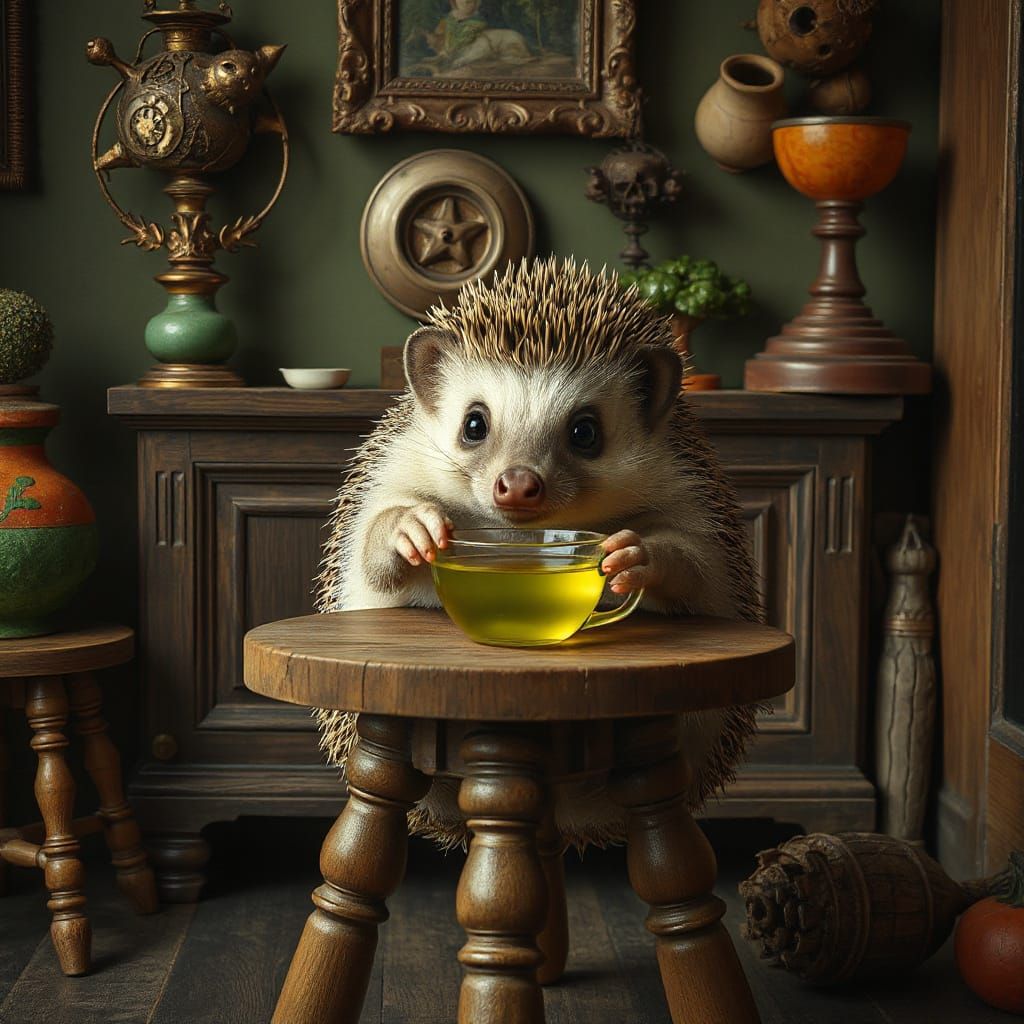 Green Hedgehog Enjoys Tea in Bosch & Vereshchagin Style Post...